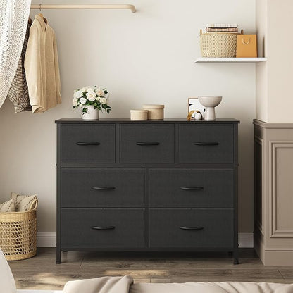 OLIXIS Dresser for Bedroom, 7 Storage Drawers, Wide Fabric Closet Chests Organizer Tower Furniture, TV Stand with Wooden Top Metal Frame for Clothes, Living Room, Hallway, Entryway, Black