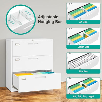 SISESOL 3 Drawer Lateral File Cabinet with Lock,White Lateral Filing Cabinet,Horizontal Metal Filing Cabinet,Locked Wide Three Drawer File Cabinet for Office Home,Fit A4/F4/Letter/Legal File