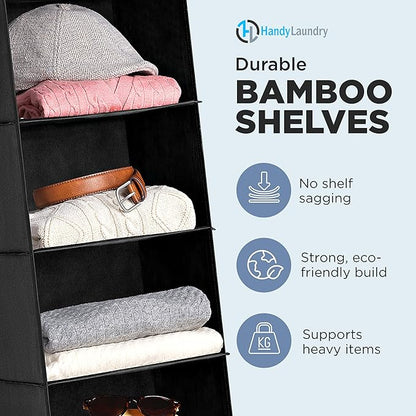 Handy Laundry Hanging Closet Organizer - 6 Shelf Storage for Clothes, Sweaters, Shoes & Accessories - Space-Saving Wardrobe Shelves with Hooks for Dorm, RV & Small Closet Organization (Black)