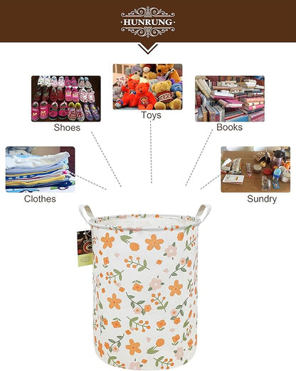 HUNRUNG Laundry Hamper,Large Canvas Fabric Lightweight Storage Basket Toy Organizer Dirty Clothes Collapsible Waterproof for College Dorms（Round-Orange Flower）