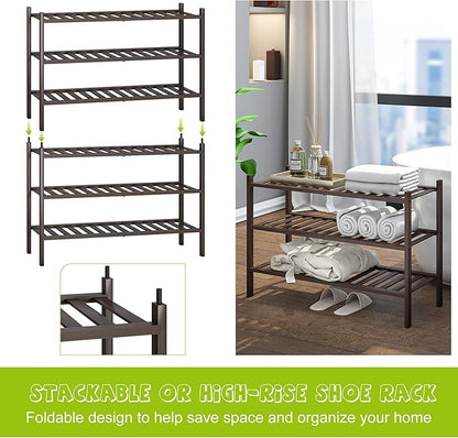 BMOSU 3-Tier Bamboo Shoe Rack Premium Stackable Shoe Shelf Storage Organizer for Hallway Closet Living Room Entryway Organizer (Brown Bamboo)