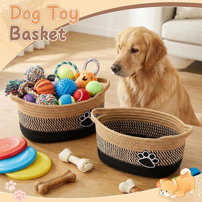 2 Pcs Dog Toy Basket Gift Baskets for Organizing Woven Organizers Cat Toy Bin Cute Dog Paw Rope Storage Organizer with Handle, Cat Holder Container 11.8 x 7.8 x 5.1 Inch