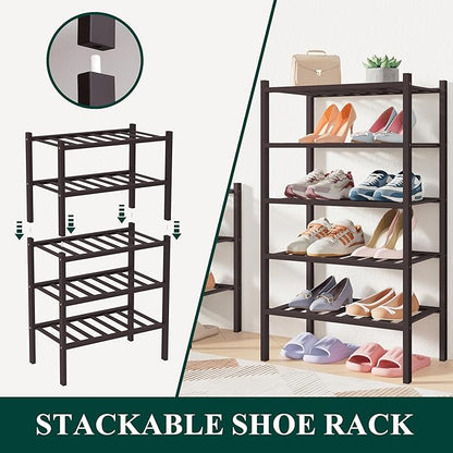 Smiry Bamboo Shoe Rack for Closet, 4 Tier Small Wooden Stackable Shoe Organizer, Free Standing Shoes Storage Shelf for Entryway, Front Door Entrance, Black