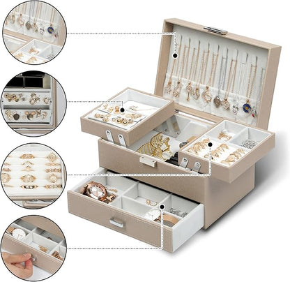 Dajasan Jewelry Organizer Box, Large Jewelry Boxes for Women Girls, Compact 3 Layers Jewelry Storage Case with Drawer, Movable Metal Stand, Modern, Gift Idea (Champagne)