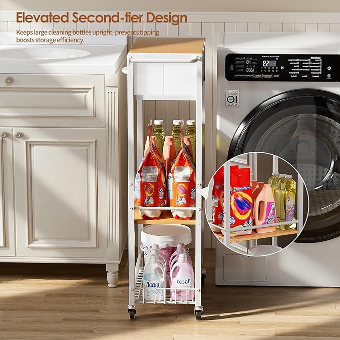 Lewondr Rolling Storage Cart with Drawers, 3-Tier Laundry Room Shelves, Sturdy Bathroom Organizer Shelf with Wood Top, Rolling Drawer Cart with Handle and Wheels for Kitchen, Office, Classroom, White