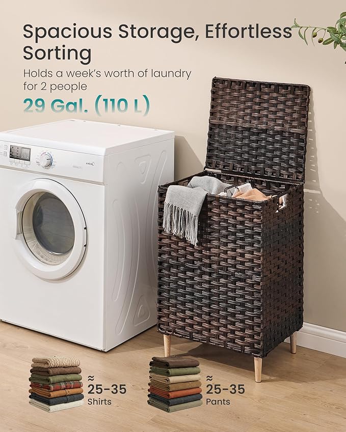 SONGMICS 2-Section Laundry Hamper with Lid, 29 Gal (110L) PE Rattan Laundry Basket with Removable Washable Liners, for Bedroom & Living Room, Chestnut Brown ULCB222ME01
