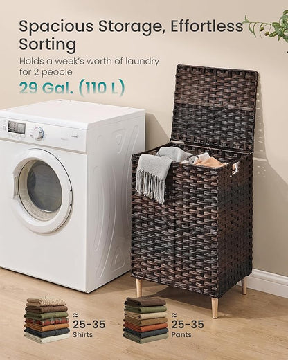 SONGMICS 2-Section Laundry Hamper with Lid, 29 Gal (110L) PE Rattan Laundry Basket with Removable Washable Liners, for Bedroom & Living Room, Chestnut Brown ULCB222ME01