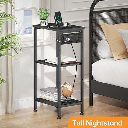 Tall Nightstand with Charging Station, 3 Tier Narrow Tall End Table with Storage, Slim Side Table with USB Ports and Outlets for Bedroom, Living Room, Office, Black