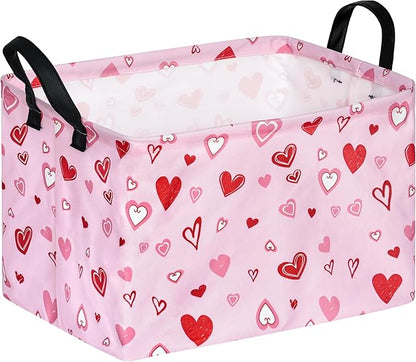 KUNRO Rectang Heart Pattern Valentine's Storage Basket Gift Shelf Basket Storage Bin, Nursery Basket Organizer Box for With Handles for Room Deco