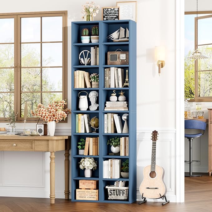FOTOSOK 2 Pcs 71'' Tall Narrow Bookshelf, 8-Tier Media Tower Rack Set of 2, CD DVD Storage Cabinet with Adjustable Shelves, Tall Narrow Bookcase Skinny Display Bookshelf Slim Shelf, Blue
