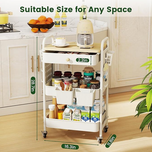 danpinera Rolling Utility Cart with Drawer, 3 Tier Rolling Cart with Wheels, Hooks & Hanging Cups, Craft Cart Art Cart Snack Cart Rolling Storage Cart with Wooden Table Top & DIY Pegboards, White