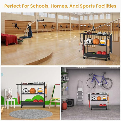 Basketball Rack 3-Shelf Training Stand, Garage Sports Equipment Organizer - Rolling Ball Storage Rack with Wheels, Ball Racks for Basketball, Soccer, Basketball Racks Ball Cart with Hooks.