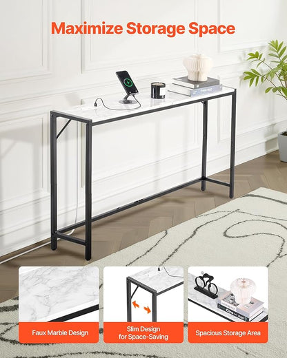 VEVOR Marble Console Table, Modern Narrow Long Console Table with Power Outlet, Thin Sofa Side Table with Iron Tubes, Anti-Tip Device and Triangular Support for Living Room, Hallway, Entryway, Foyer