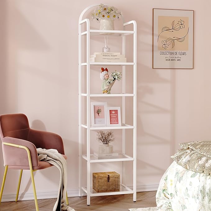Bookcase Bookshelf, Tempered Glass Bookshelves, Slim Shelving Unit for Bedroom, Bathroom, Home Office, Steel Frame, 6 Tier White BC10699W