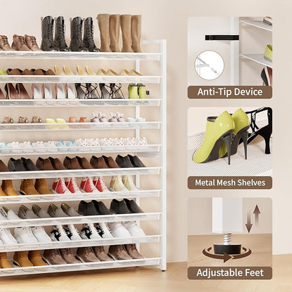 Metal Shoe Rack,Large 10 Tier Shoe Organizer, Heavy Duty Metal Stackable Shoe Storage Vertical Shoe Rack for Closet Front Door Entrance,Entryway,GarageUp to 62 Pairs,White