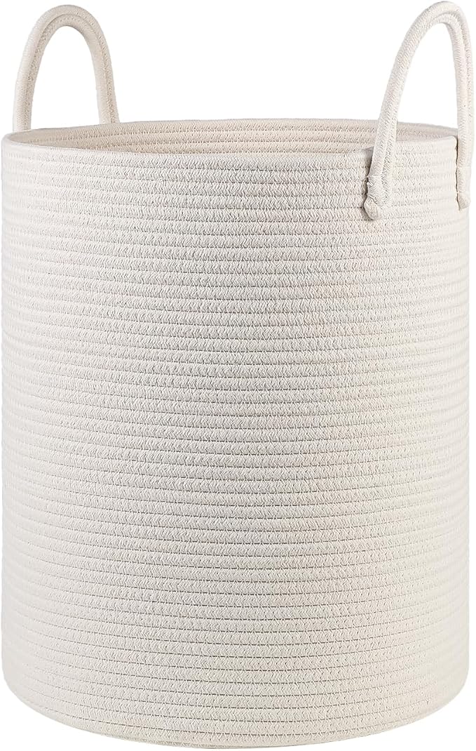 Cotton Rope Laundry Basket Hamper for Girls Kids Baby Nursery Hamper Bin Woven Storage Basket for Living Room cute laundry basket Tall Laundry Basket for Blanket Toy storage bin&box(White)