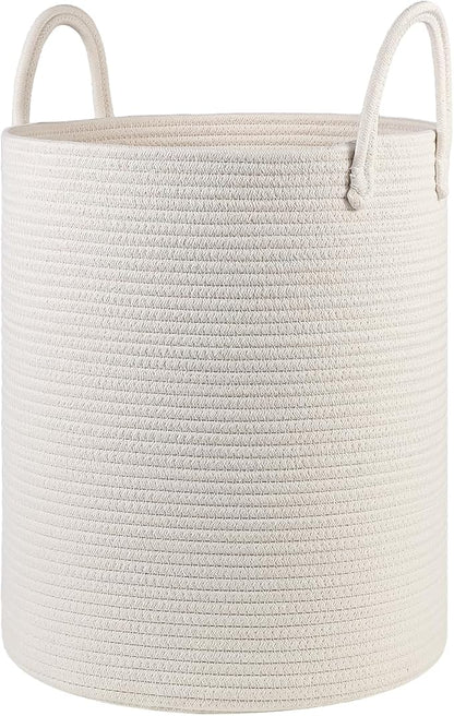 Cotton Rope Laundry Basket Hamper for Girls Kids Baby Nursery Hamper Bin Woven Storage Basket for Living Room cute laundry basket Tall Laundry Basket for Blanket Toy storage bin&box(White)