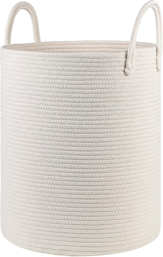 Cotton Rope Laundry Basket Hamper for Girls Kids Baby Nursery Hamper Bin Woven Storage Basket for Living Room cute laundry basket Tall Laundry Basket for Blanket Toy storage bin&box(White)