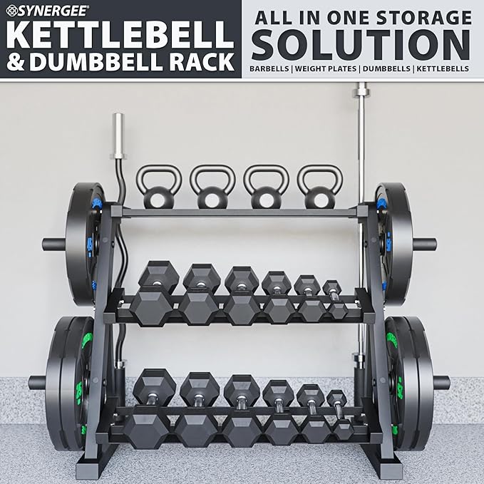 Synergee 3-Tier Dumbbell Storage Rack with 2 Barbell Holders and 4 Weight Plate Pegs, Featuring 2-Tier Dumbbell Storage and 3rd Tier for Kettlebell Storage – Accommodates 1" and 2" Plates – All-in-One