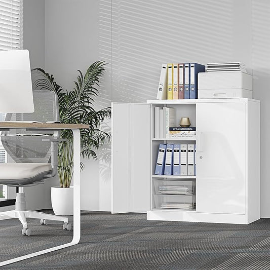 Metal Storage Cabinet with Doors and Adjustable Shelves,Steel Lockable Cabinet for Garage,Office and School Assembly Required(White)