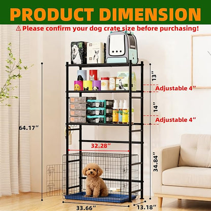 Over The Dog Crate Storage Shelf, 3-Tier Metal Dog Crate Furniture Stand for Most Breed Sizes, Freestanding Above The Cat Litter Box Shelves, Pet Supplies Organizer with Adjustable Feet, Black