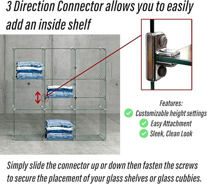 STORE FIXTURES DIRECT 3 Way Glass Cube Connector, 40 Pack, Chrome Finish, Metal, Wall Mount, Shelf Clips