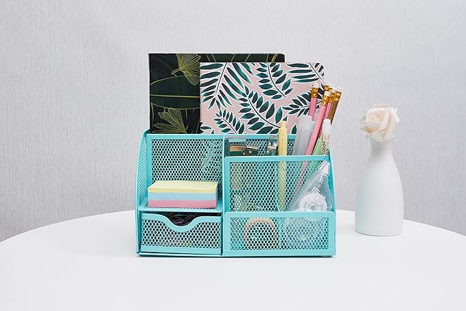 Annova Mesh Desk Organizer Office with 7 Compartments + Drawer/Desk Tidy Candy/Pen Holder/Multifunctional Organizer (Turquoise)