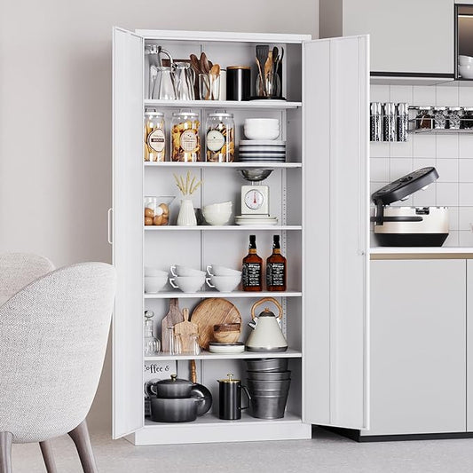 SISESOL Metal Storage Storage Cabinet with 5 Adjustable Shelves,White Metal Cabinet with Locking Doors,Steel Pantry Cabinet with Lock,71" Lockable Storage Cabinet for Home,Office,Garage,Kitchen,Shop