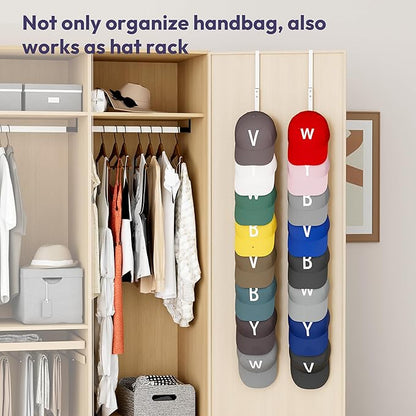 SWTYMIKI Over the Door Purse Organizer - 2 Packs Wall Mounted Purse Rack with 8 Hooks Design, Hanging Handbag Organizer Storage Holds up to 16 Bags, Bag Rack for Closet, Door (White)