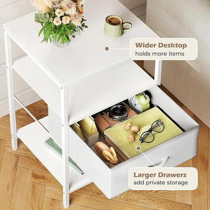 SUPERJARE Nightstand with Charging Station, White Night Stand with Adjustable Drawers, 17.7 Inches Wider Side Table for Bedroom, 3-Tier Storage End Table with Open Shelf, PU Leather Surface