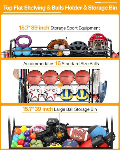 Garage Sports Equipment Organizer - Rolling Ball Storage Bin with Wheels, Garage Sports Gear Rack Outdoor Basketball Racks for Balls with Baseball Bat Holder and Hooks, Toy Organizer