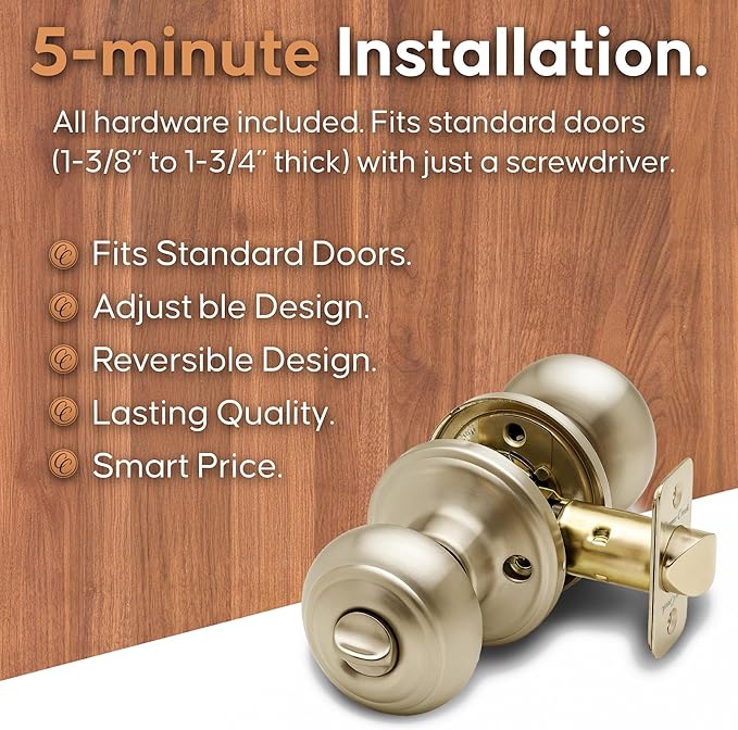 Copper Creek Colonial Privacy Interior Door Knob – ANSI Grade-3 Certified, Modern Heavy Duty Handle, Easy Install and Reversible for Bedroom, Bathroom and Closets – Polished Brass (1 Pack)