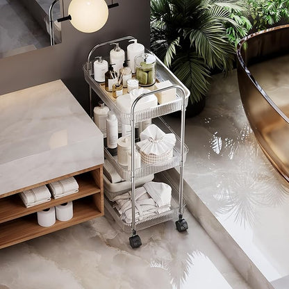 3 Tier Rolling Cart with Lockable Wheels, Clear Acrylic Utility Trolley with Handle, Heavy-Duty Storage Organizer for Kitchen Bathroom Nursery Laundry - Snack Book Craft Organizer (Clear)