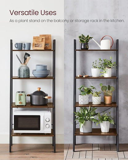VASAGLE Ladder Shelf, 4-Tier Bookshelf, Storage Rack, Bookcase with Steel Frame, for Living Room, Home Office, Kitchen, Bedroom, Industrial Style, Hickory Brown and Ink Black ULLS44BF