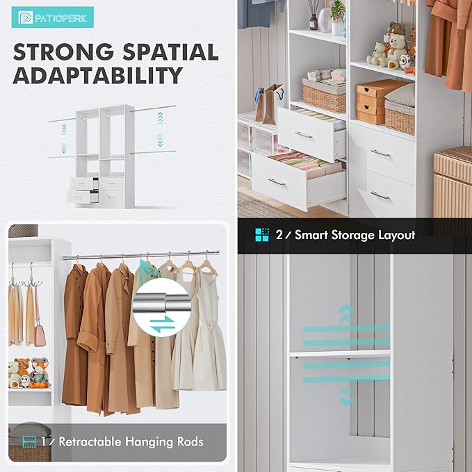 11 Ft Expandable Closet System, 6.7 Ft High Wood Closet Organizer with 4 Drawers & 4 Hanging Rods, Modular Wardrobe Storage Rack with Adjustable Shelves for Walk-in Bedroom, White