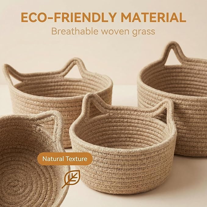 Small Woven Baskets | Mini Storage Bins | Cotton Rope Baby Nursery Organizers | Cute Round Cat Ears Basket for Organizing Desk Decor Kids Toy Dog Cat Baby Girls Gifts-Set of 3(Beige)