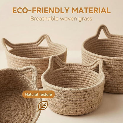 Small Woven Baskets | Mini Storage Bins | Cotton Rope Baby Nursery Organizers | Cute Round Cat Ears Basket for Organizing Desk Decor Kids Toy Dog Cat Baby Girls Gifts-Set of 3(Beige)