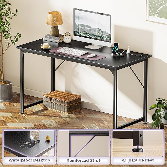 PRAISUN 47 X 20 Inch Office Computer Desk with Power Outlets and USB-C Port, Larger Gaming Desk, for Home Office, Study, Bedroom, Writing Work from Home Table, Metal Frame, Black