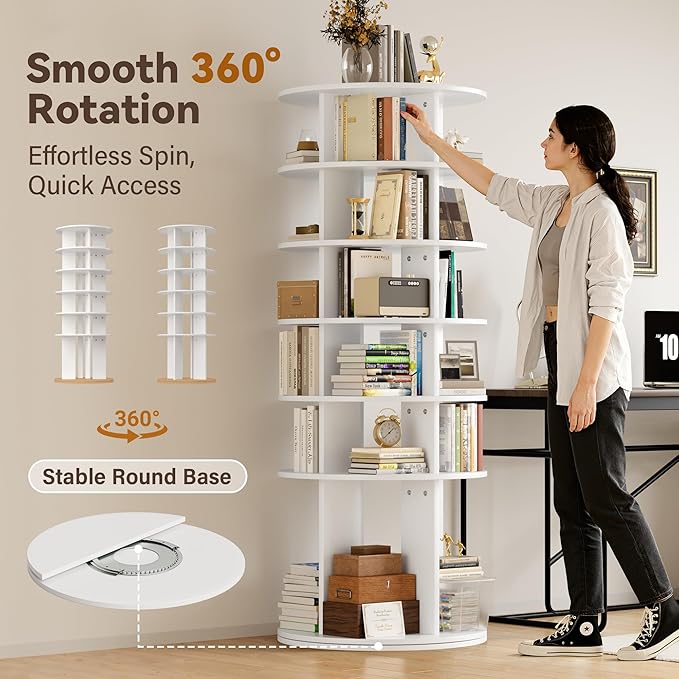 YESHOMY 6-Tier Rotating Shoe Rack Tower, 360° Spinning Vertical Shoe & Handbag Organizer with Lazy Susan Base, Space-Saving Storage for Closet, Bedroom & Entryway, White