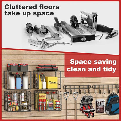 TomCare 2 Pack Garage Shelving Heavy Duty Garage Storage Shelves with Wire Baskets Laundry Room Shelves Wall Mounted shelving Tool Organizer for Shed Garden Kitchen Organization and Storage