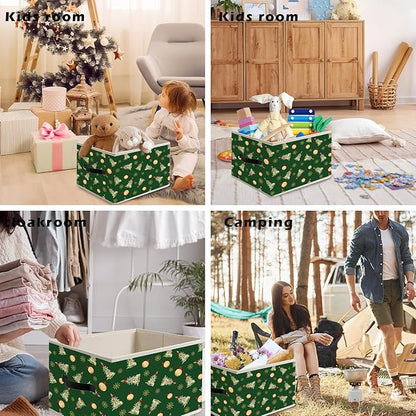 Green Christmas Tree Storage Bin Box with Handles, Snowflake Red Bow Bauble Ball Holiday Winter Christmas Foldable Organizer Basket Toybox for Home Bedroom Bathroom Clothes Toys Books
