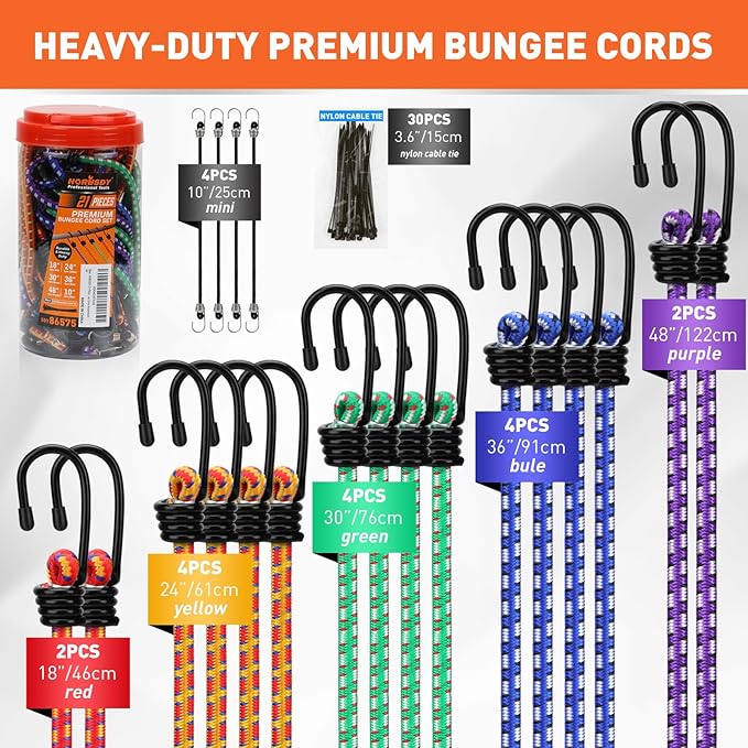 HORUSDY 21 - Piece Bungee Cord Set with Hooks & Straps, 10”/18”/24”/30”/36”/48” Heavy Duty Bungee Cords Assortment for Camping, Truck, Moving, Emergency, Outdoor Storage (30 Nylon Cable Ties Extra)