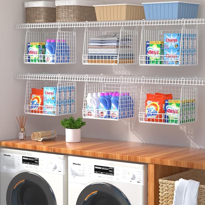3 Pack Laundry Room Organization and Storage, Hanging Wire Basket for Laundry Closet Wire Shelves, Laundry Closet Organizers and Storage Basket, Heightened Version