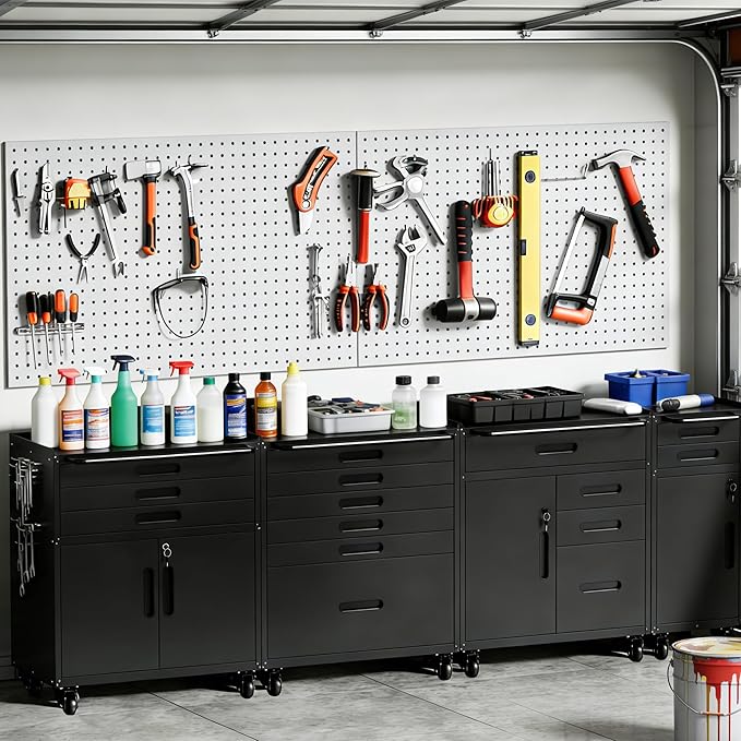 Metal Garage Storage Cabinet on Wheels, Lockable Rolling Tool Cabinet with Doors and 3 Drawers, Heavy Duty Mobile Steel Cabinet for Garage Warehouse Workshop