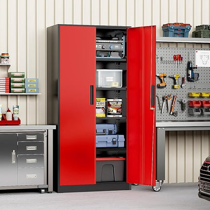 Greenvelly Metal Storage Cabinet with Doors and Shelves, 72" Inch Locking Metal Cabinet,Garage Storage Cabinet for Garage Office School Warehouse (Black Red)