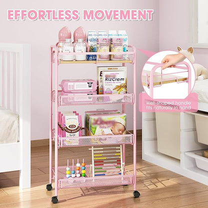 TOOLF 4-Tier Rolling Cart, Metal Utility Cart, Slide Out Storage Cart with Wooden Tabletop and Mesh Baskets, Easy Assemble Trolley for Kitchen Bathroom Laundry Room Bedroom Apartments Dormitory
