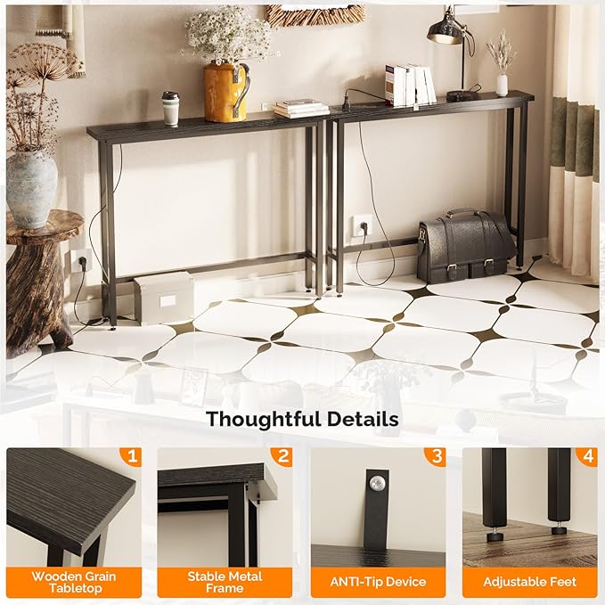 VINGLI 79" Console Table with Charging Station, 5.9" Narrow Sofa Table Set of 2, Entryway Table with Power Outlet & 4.9 Ft Extension Cord & Adjustable Feet, for Living Room, Hallway, Black