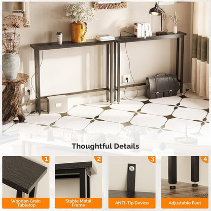 VINGLI 79" Console Table with Charging Station, 5.9" Narrow Sofa Table Set of 2, Entryway Table with Power Outlet & 4.9 Ft Extension Cord & Adjustable Feet, for Living Room, Hallway, Black