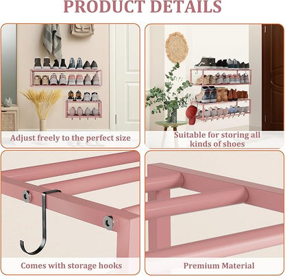 Expandable Wall Mounted Shoe Rack, 17"-31" Adjustable Hanging Shoe Rack Holds 8 Pairs, Heavy Duty Metal Shoe Holder with 2 Storage Hooks, Space Saving for Entryway Closet Doorway（Pink）