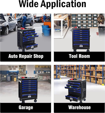 30 inch 7-Drawer Rolling Tool Chest with Wheels,Stainless Steel Countertop Heavy Duty Tool Cart,Locking System, Rolling Cabinet for Garage Warehouses,Repair Shops,Requires Assembly (Black&Blue)